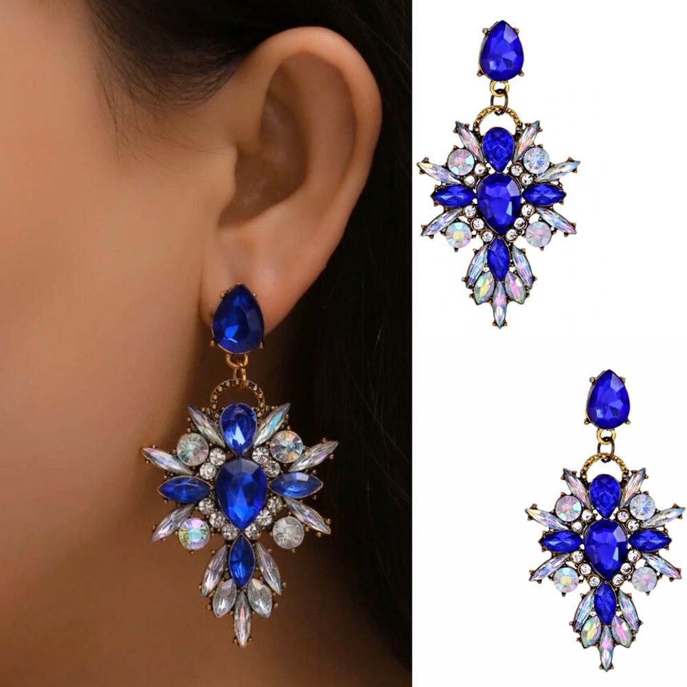 New Blue Gold Rhinestone Post Statement Earrings